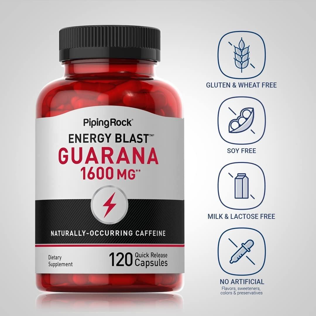 Cápsulas de Guaraná Piping Rock 1600 mg - 120 Unidades - Suplemento Energético