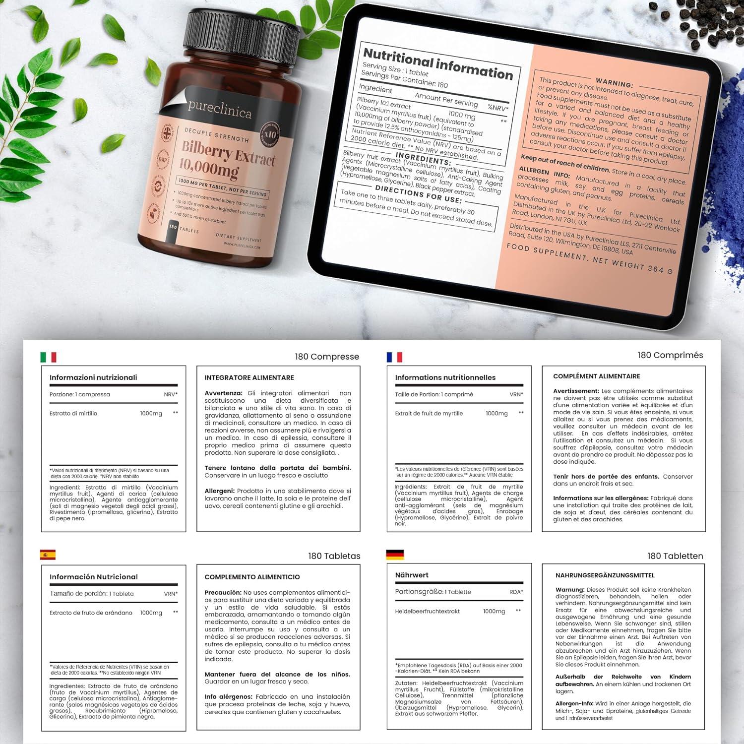 Extracto de Arándano 10,000mg Pureclinica 180 Tabletas