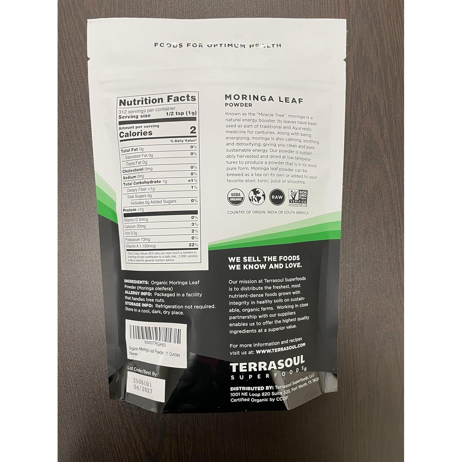 Polvo de Moringa Orgánico Terrasoul Superfoods 311 g - Antioxidantes