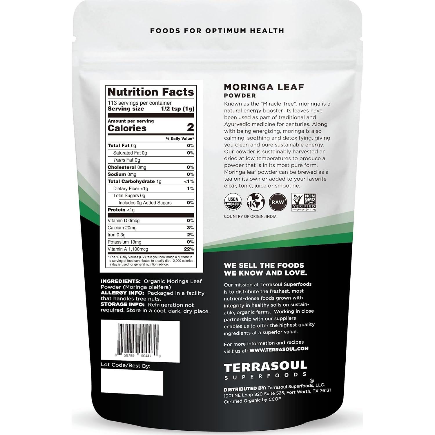 Polvo de Moringa Orgánico Terrasoul Superfoods 311 g - Antioxidantes