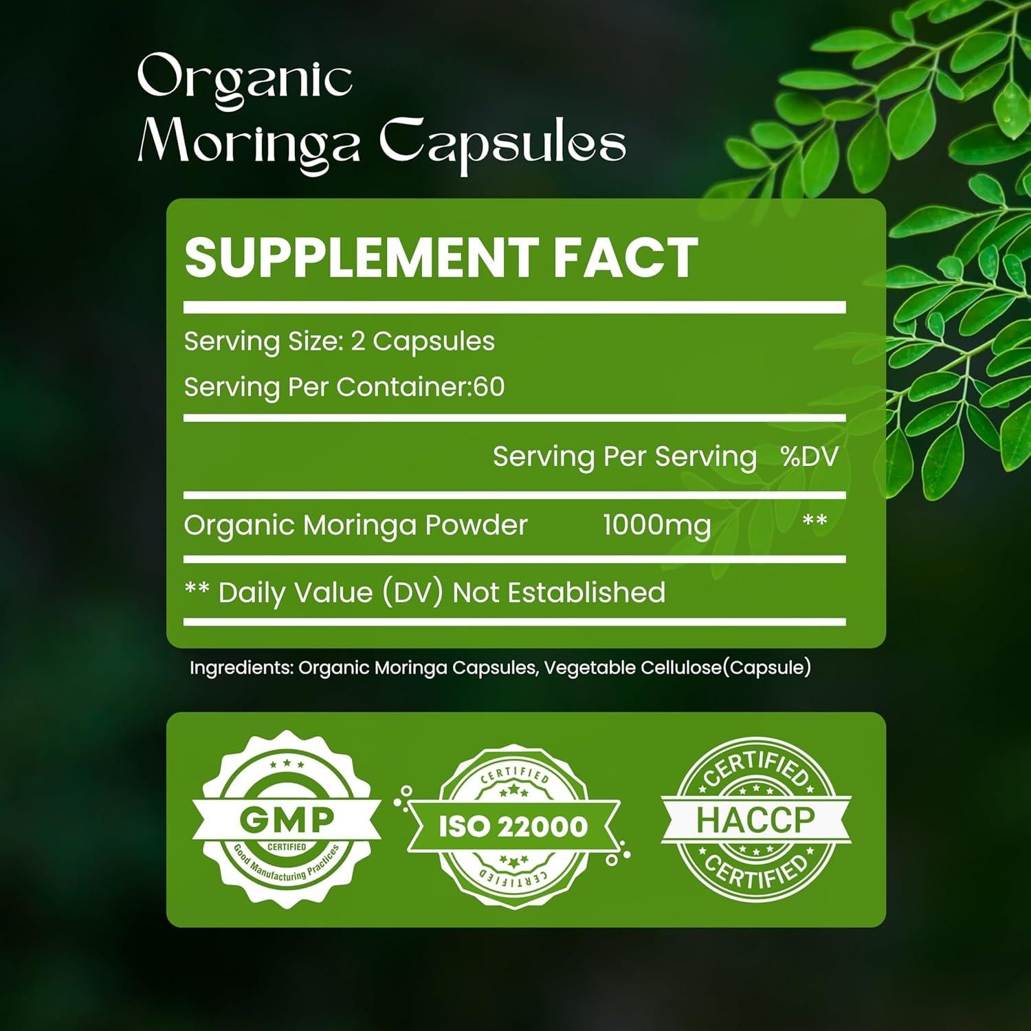Cápsulas de Moringa Orgánica 120 Cápsulas 1000mg - Hebhac Herbs
