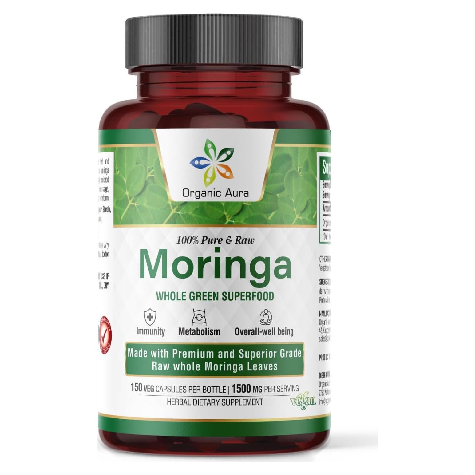 Cápsulas de Moringa Orgánica Aura 1500mg - 150 Veganas