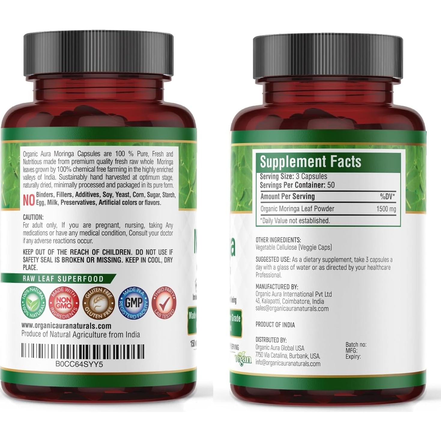 Cápsulas de Moringa Orgánica Aura 1500mg - 150 Veganas