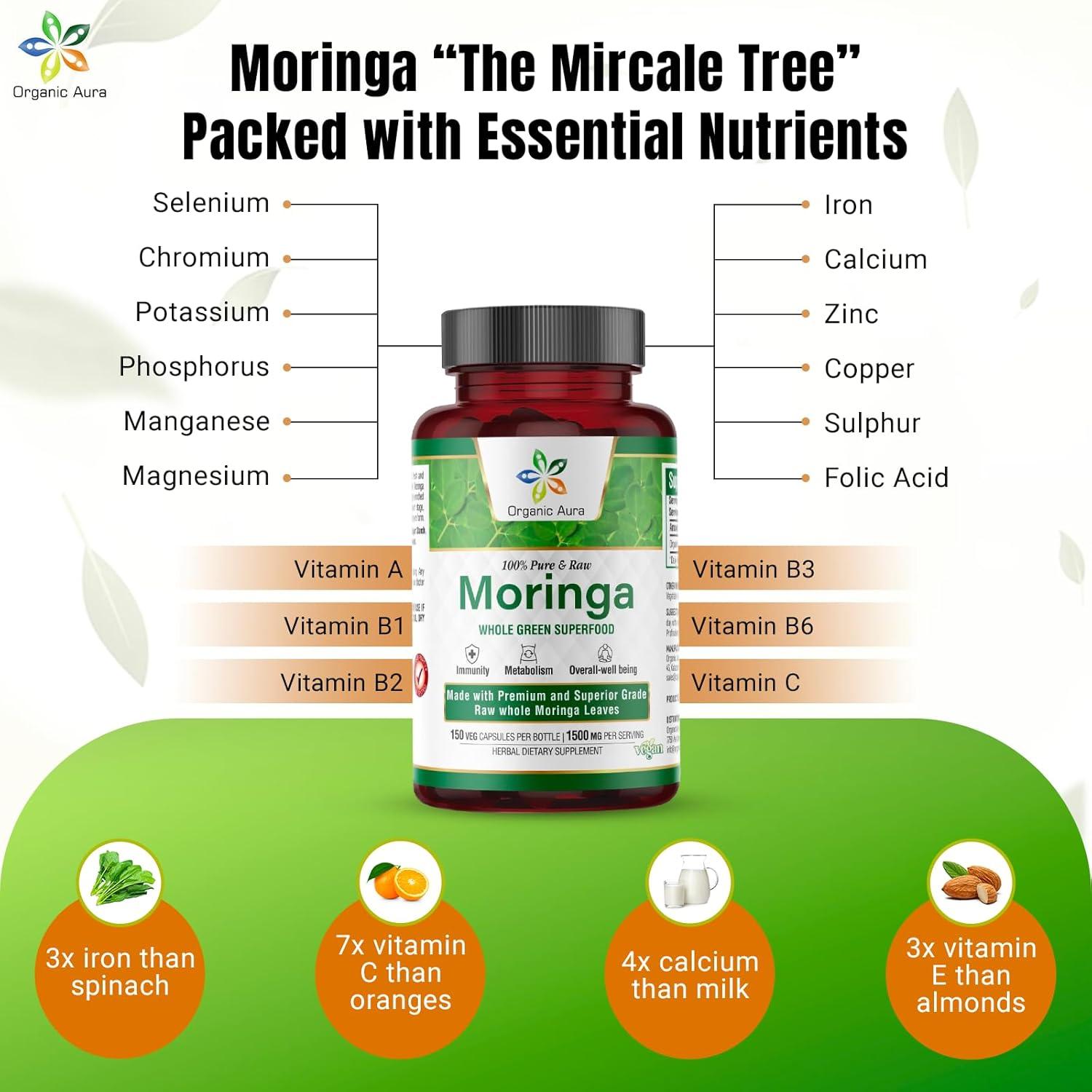 Cápsulas de Moringa Orgánica Aura 1500mg - 150 Veganas