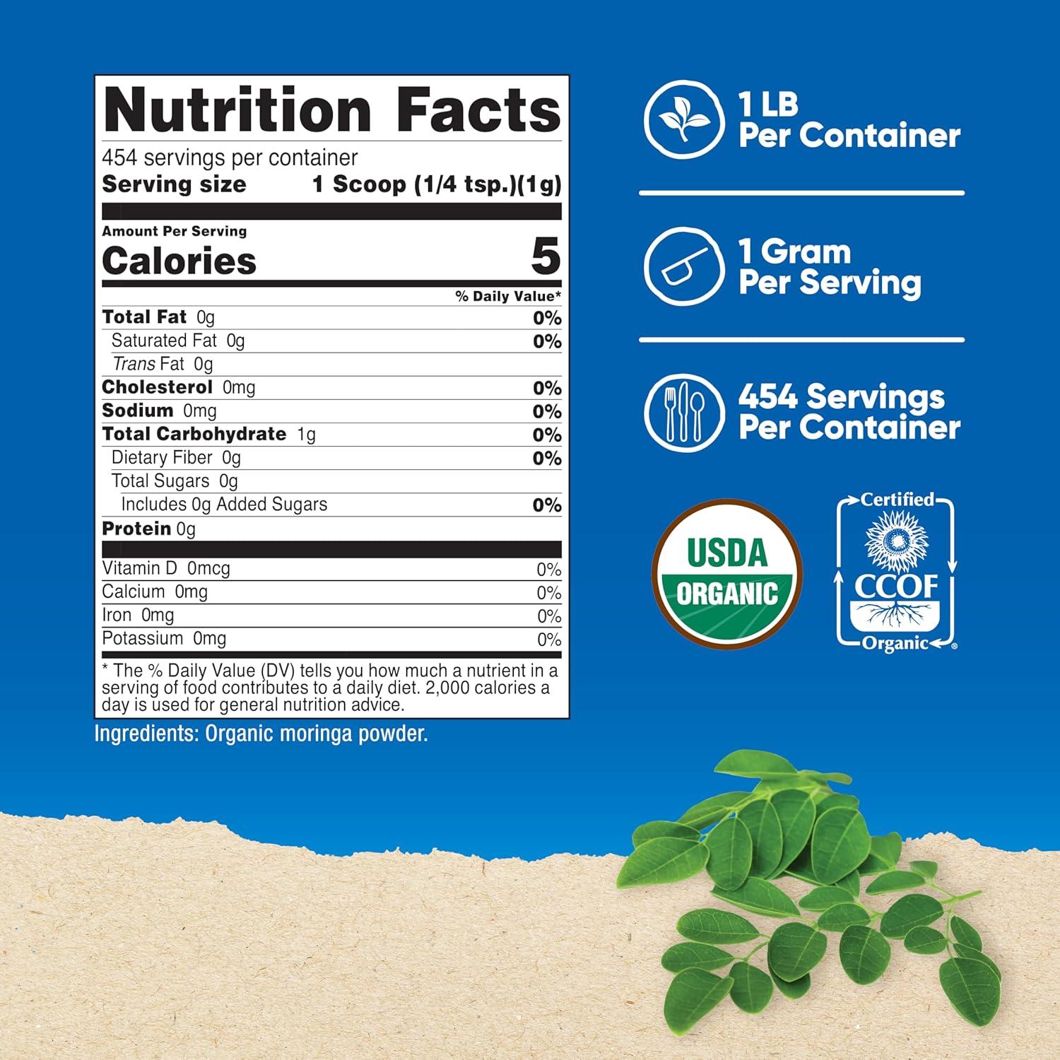 Polvo de Moringa Orgánico Nutricost 453.6g - Sin Gluten, Vegetariano