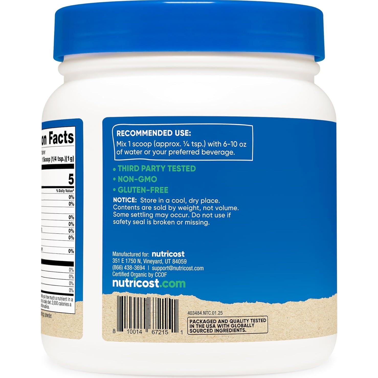 Polvo de Moringa Orgánico Nutricost 453.6g - Sin Gluten, Vegetariano