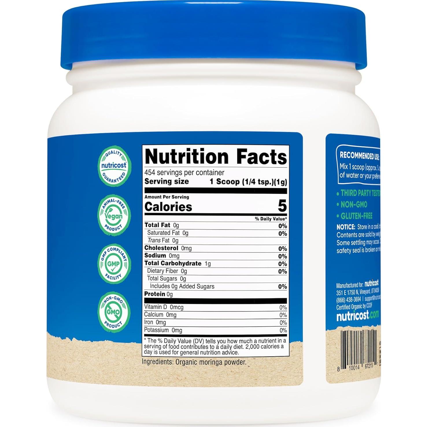 Polvo de Moringa Orgánico Nutricost 453.6g - Sin Gluten, Vegetariano