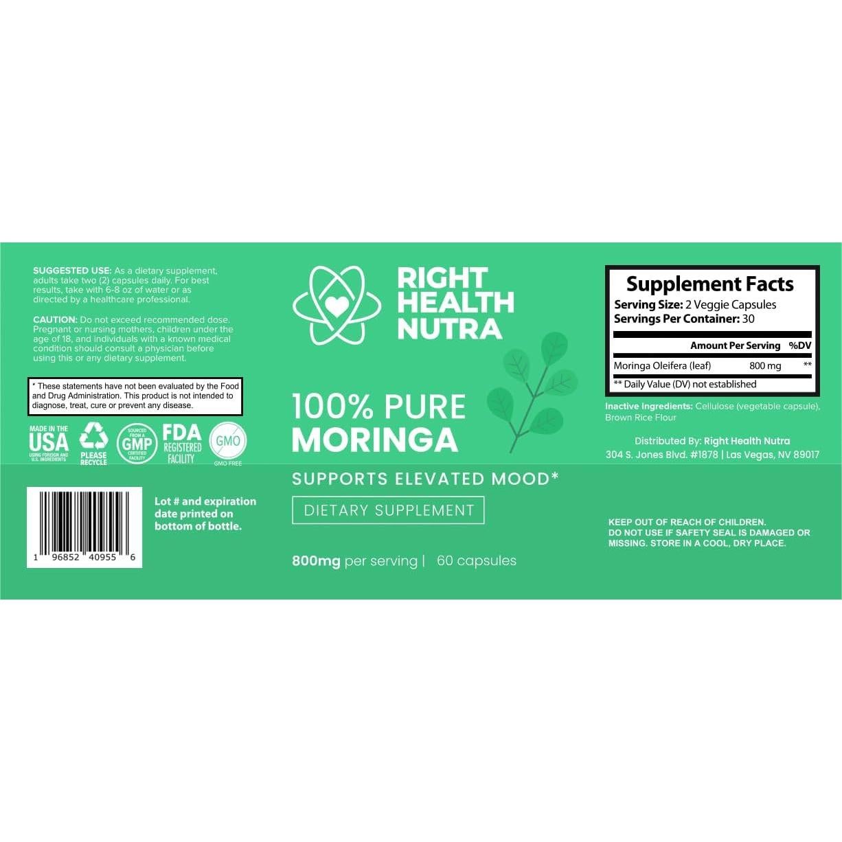 Cápsulas de Moringa Pura 800mg Right Health Nutra - 60 Unidades