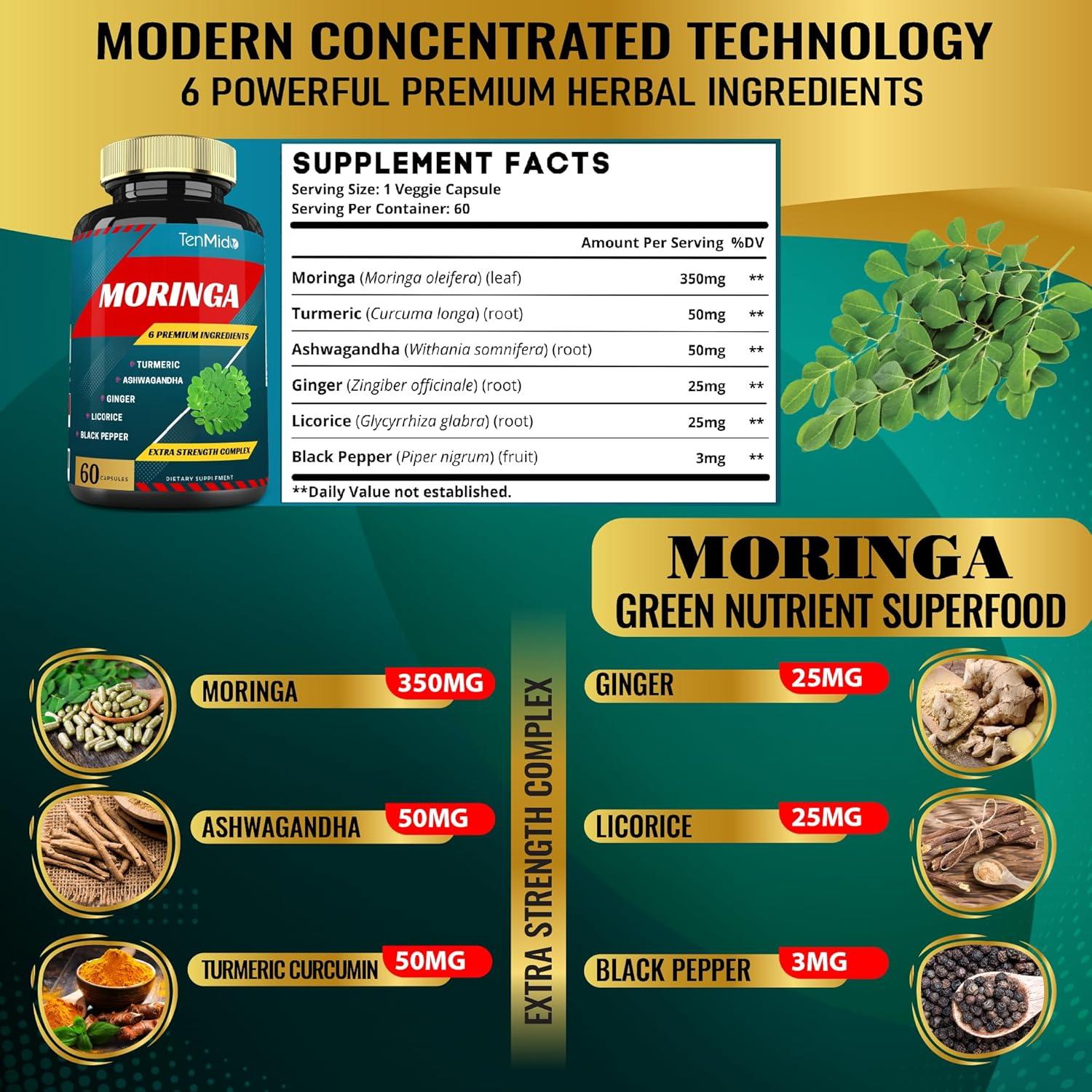 Cápsulas de Moringa Tenmido 120 Unidades con Cúrcuma y Jengibre