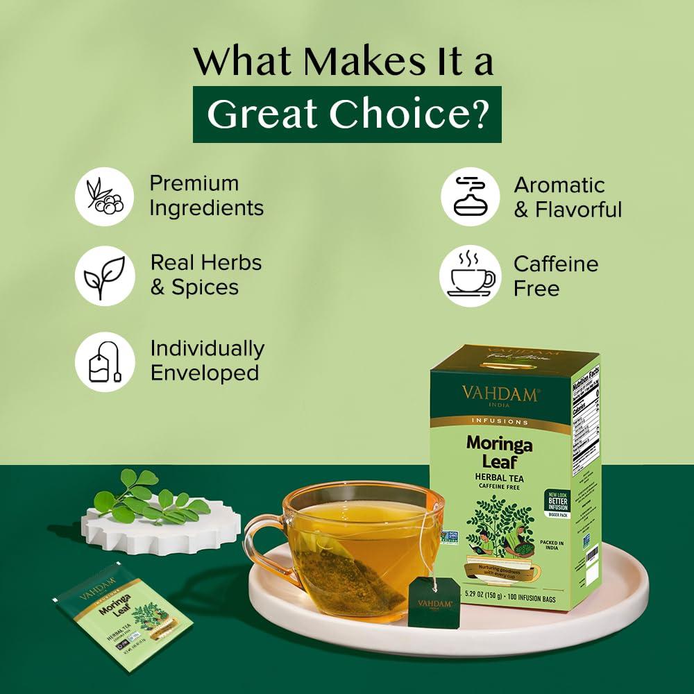 Bolsitas de Té de Moringa VAHDAM 100 Unidades Ecológicas