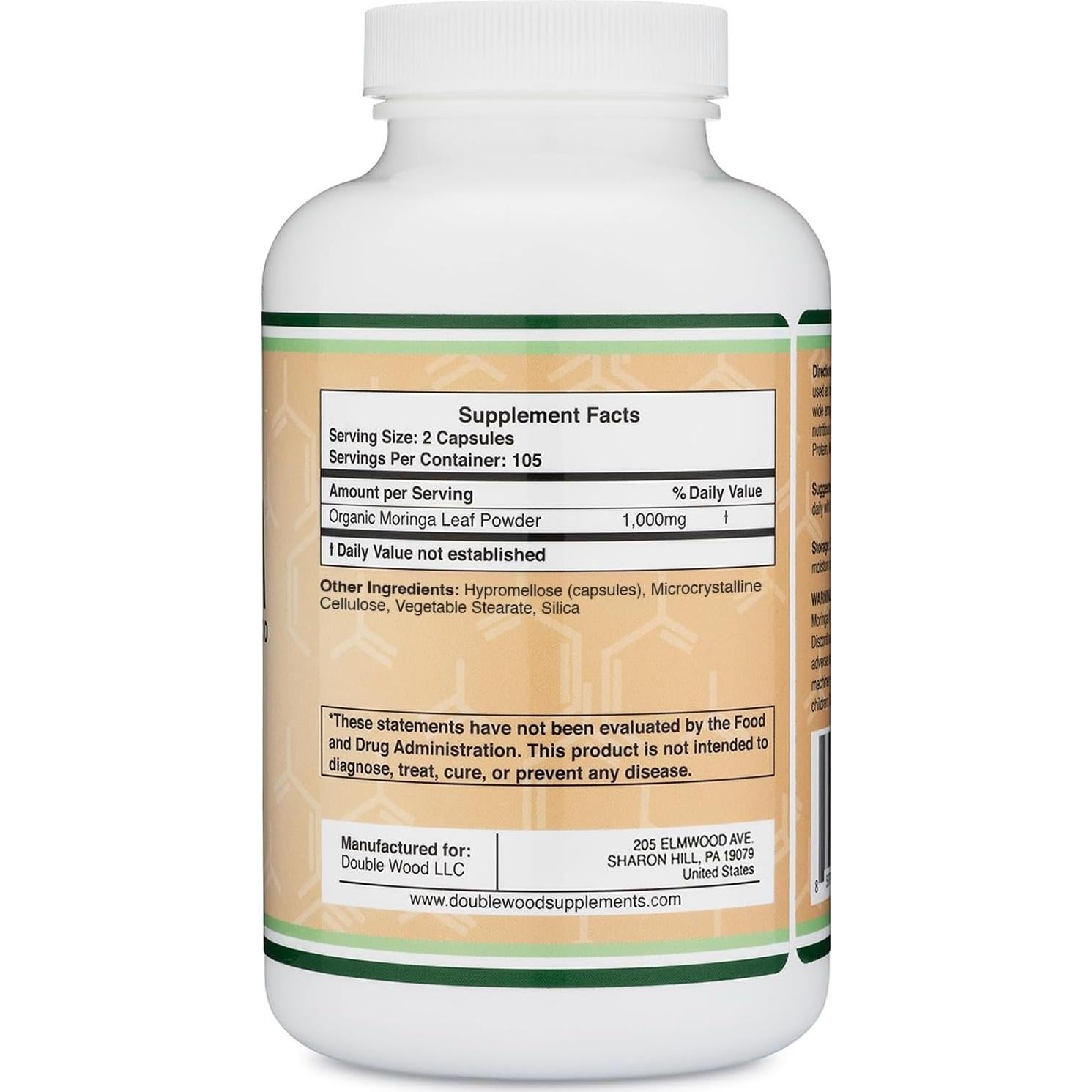 Cápsulas de Moringa Orgánica Double Wood 1000mg - 105 Veganas