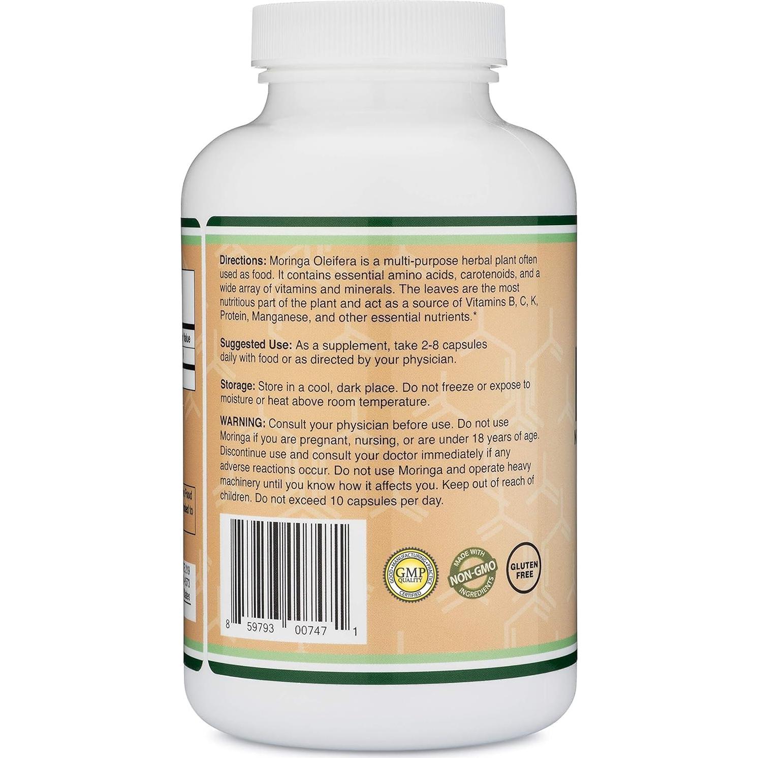 Cápsulas de Moringa Orgánica Double Wood 1000mg - 105 Veganas