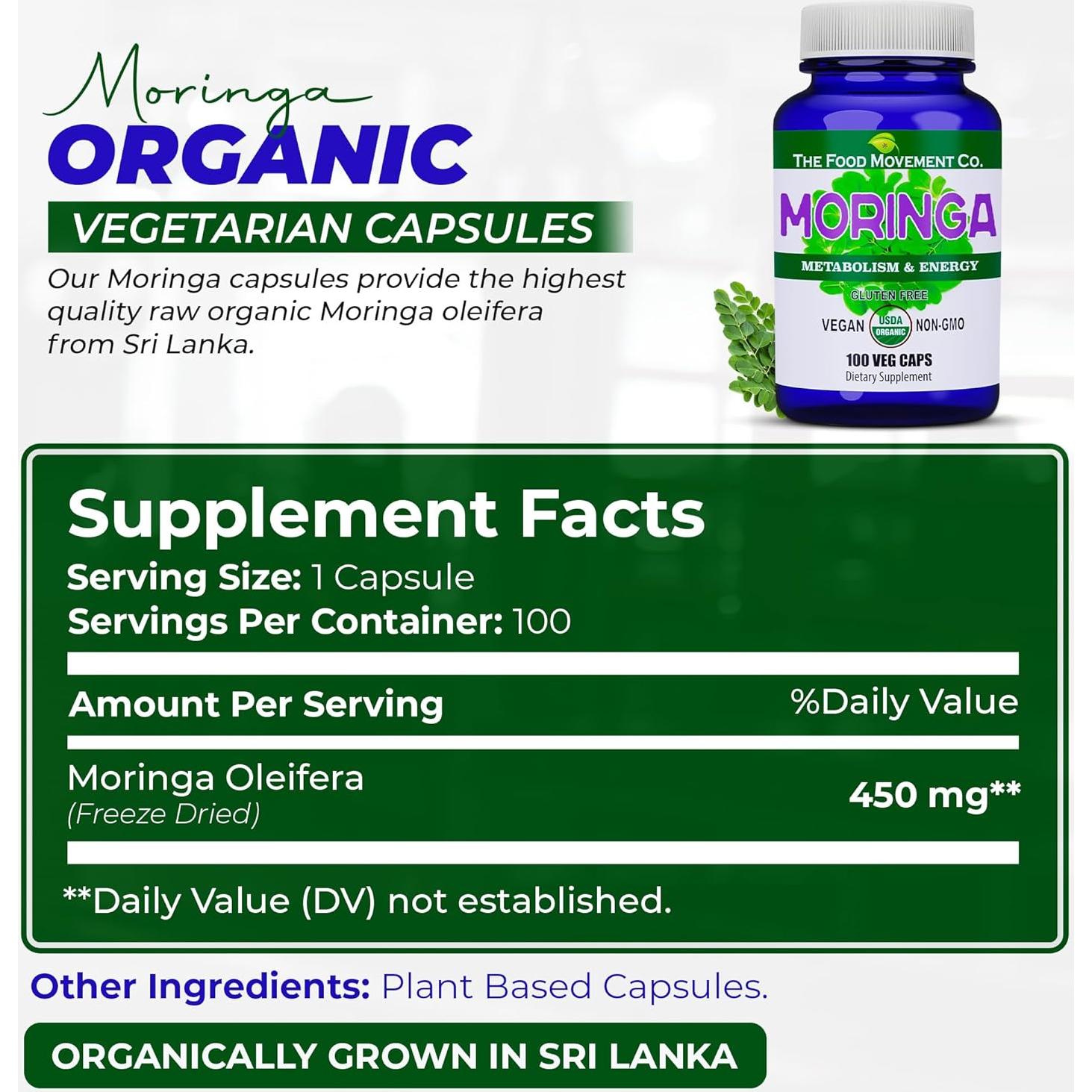Cápsulas de Moringa Orgánica The Food Movement - 100 Veganas