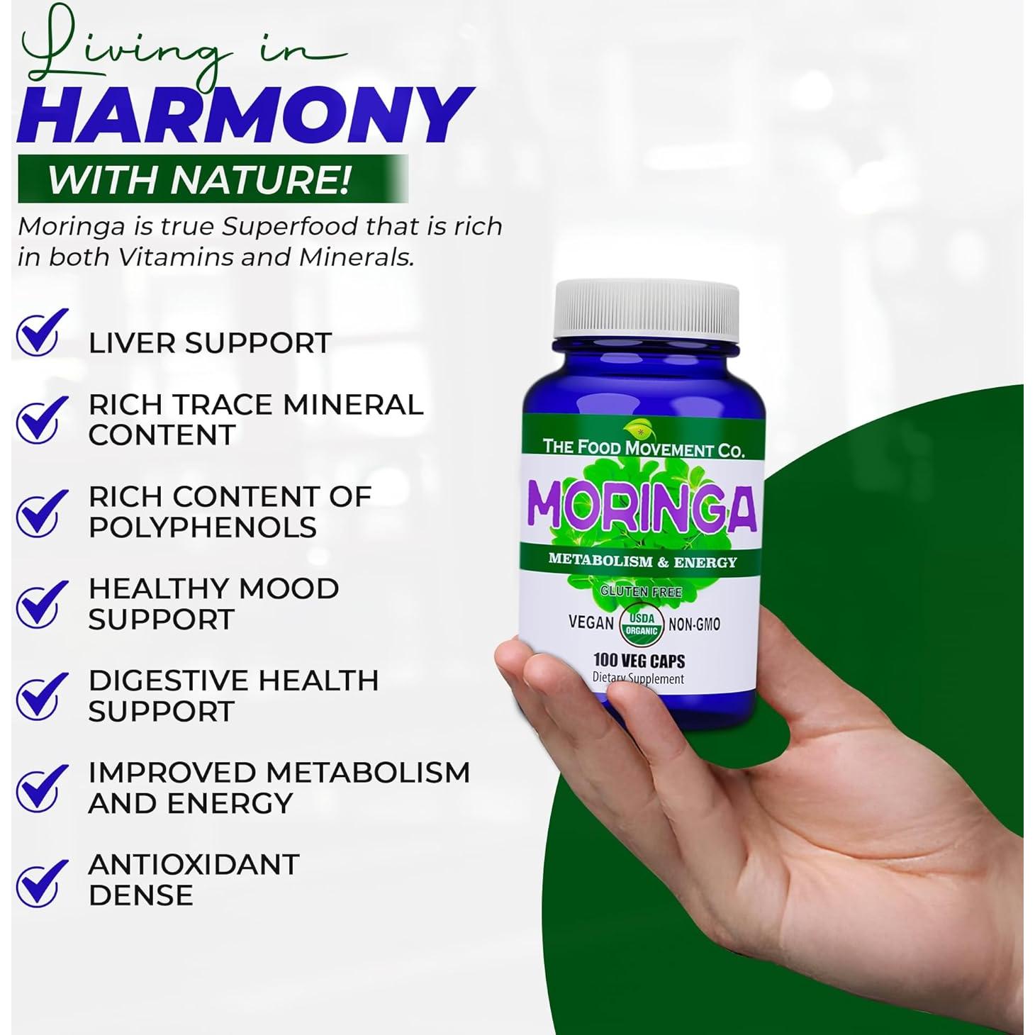 Cápsulas de Moringa Orgánica The Food Movement - 100 Veganas