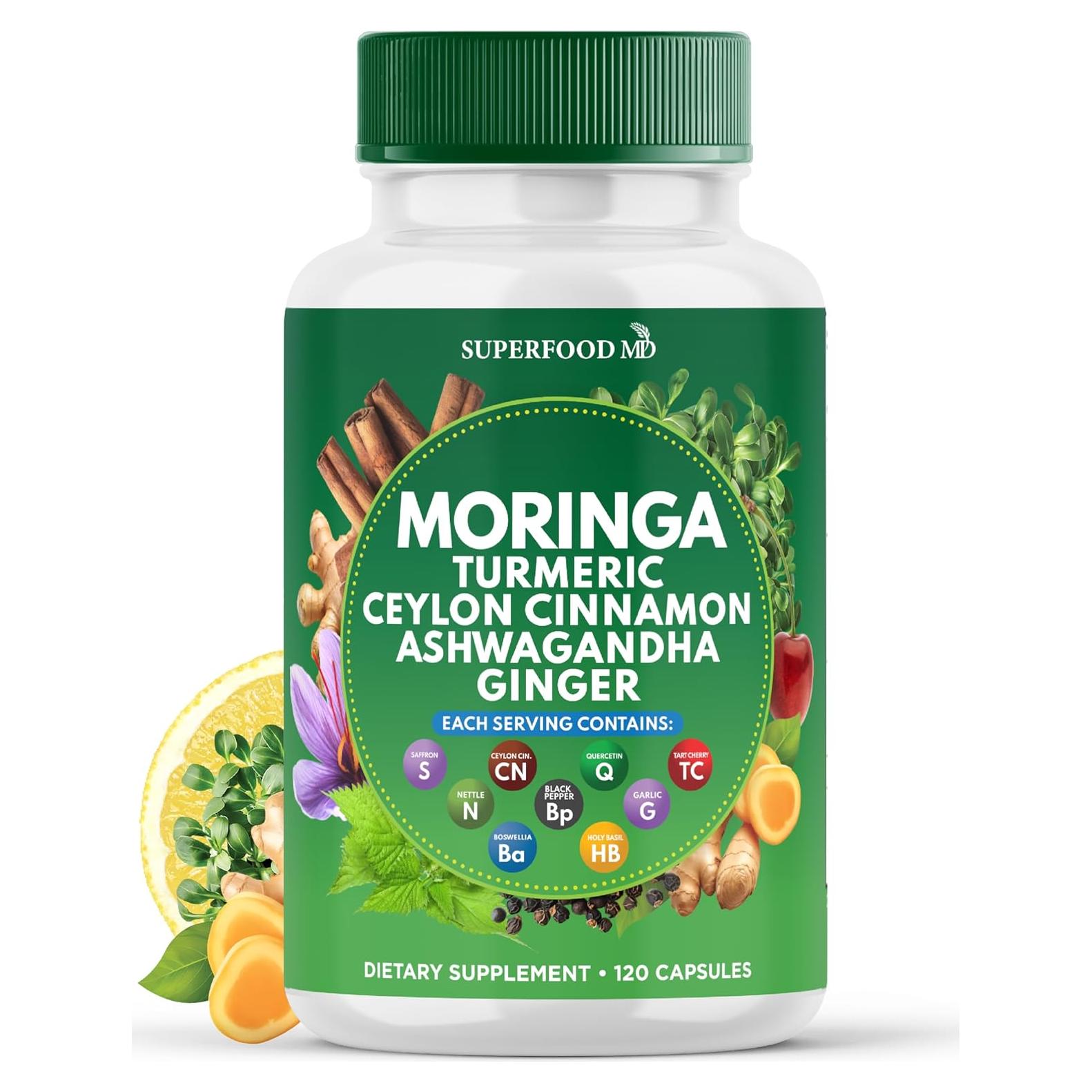 Suplemento de Moringa Superfood MD - 120 Cápsulas con Cúrcuma y Jengibre