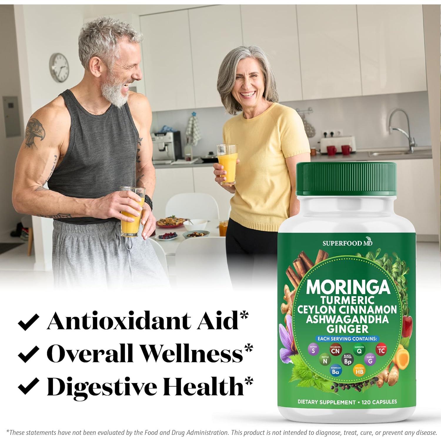 Suplemento de Moringa Superfood MD - 120 Cápsulas con Cúrcuma y Jengibre