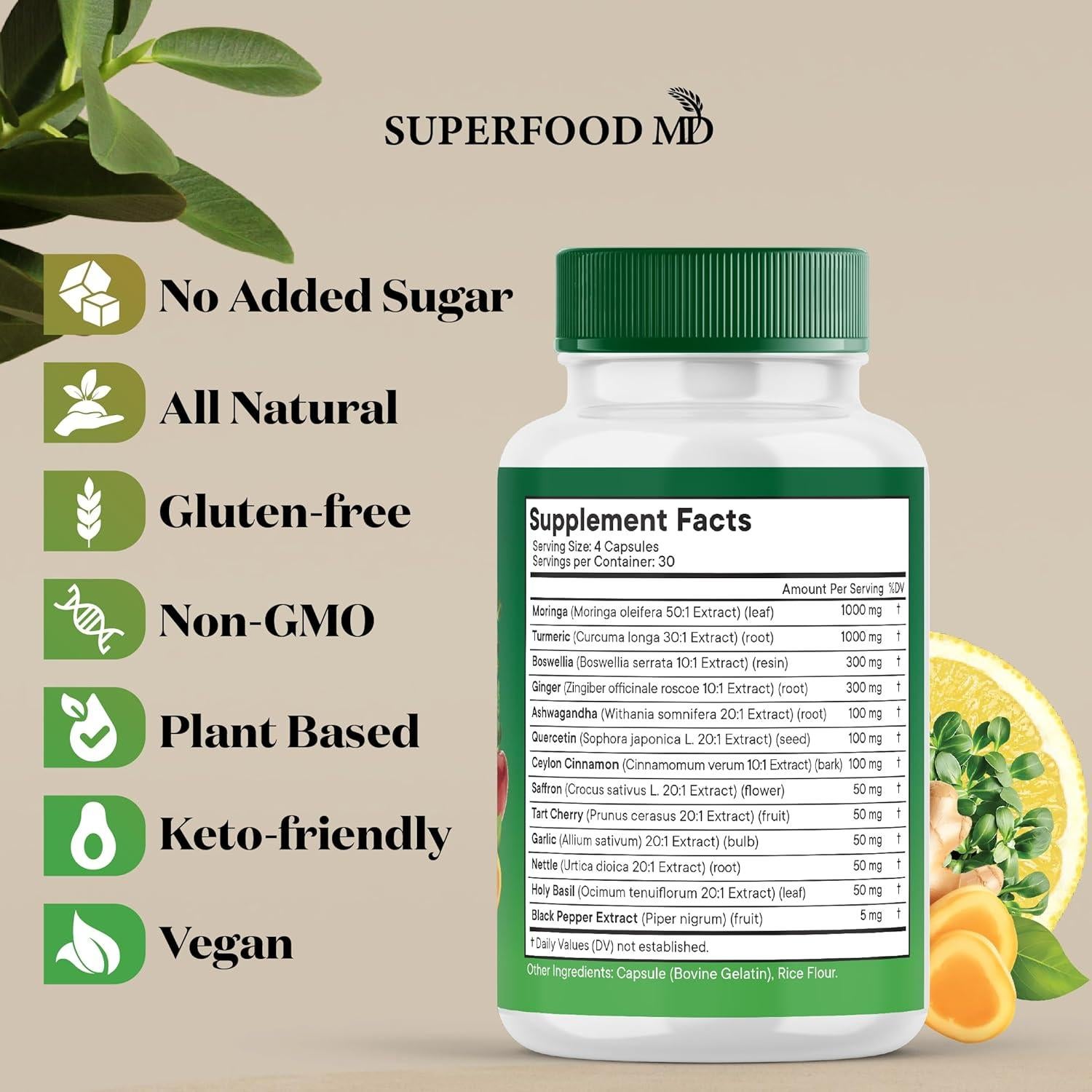 Suplemento de Moringa Superfood MD - 120 Cápsulas con Cúrcuma y Jengibre