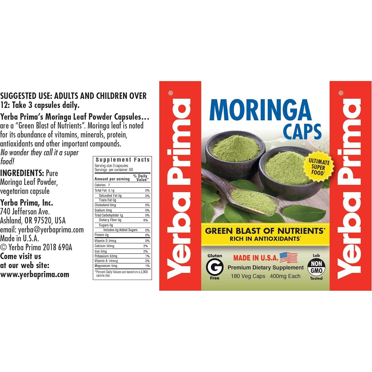 Cápsulas Veganas de Moringa Yerba Prima 180 Unidades 400mg