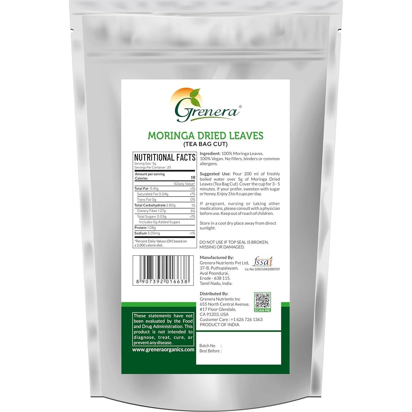Hojas Secas de Moringa Orgánicas Grenera 100g - Sin Gluten