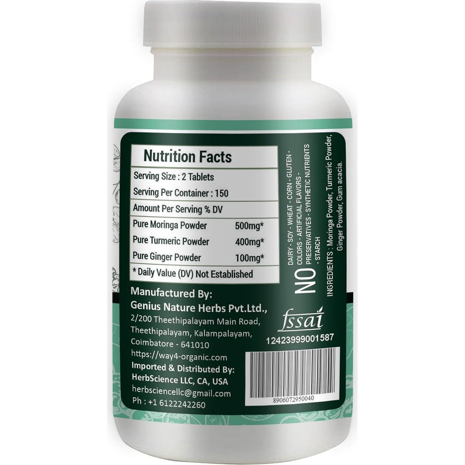 Tabletas de Moringa con Cúrcuma y Jengibre Genius Nature 300u