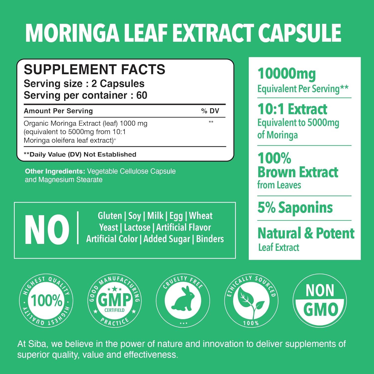 SIBA Extracto de Moringa Orgánico 5000mg 120 Cápsulas Veganas