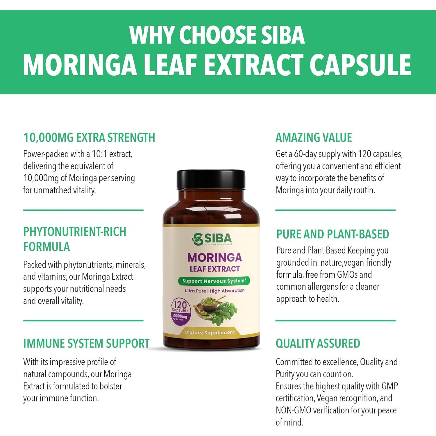 SIBA Extracto de Moringa Orgánico 5000mg 120 Cápsulas Veganas