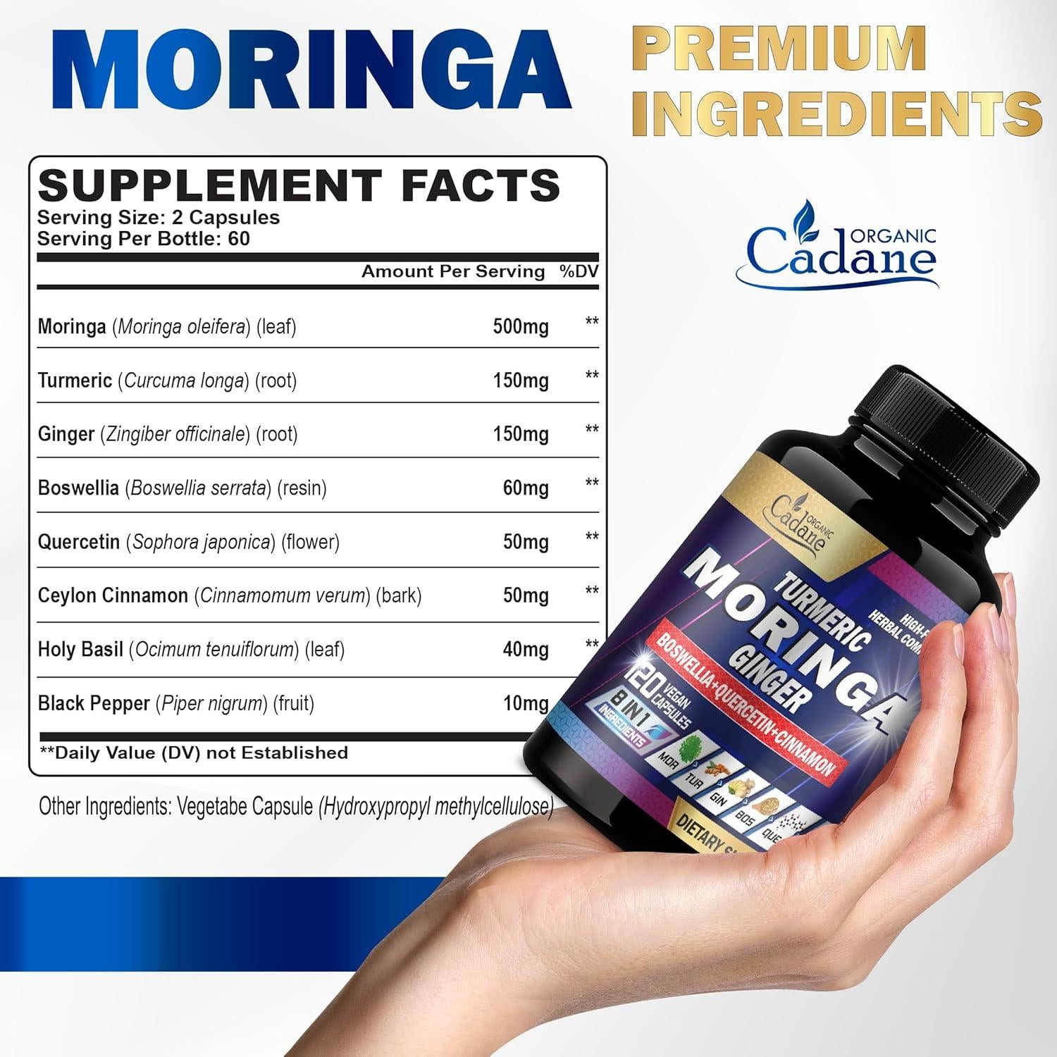 Cápsulas de Moringa Cadane 120 Unidades - Suplemento 8 en 1