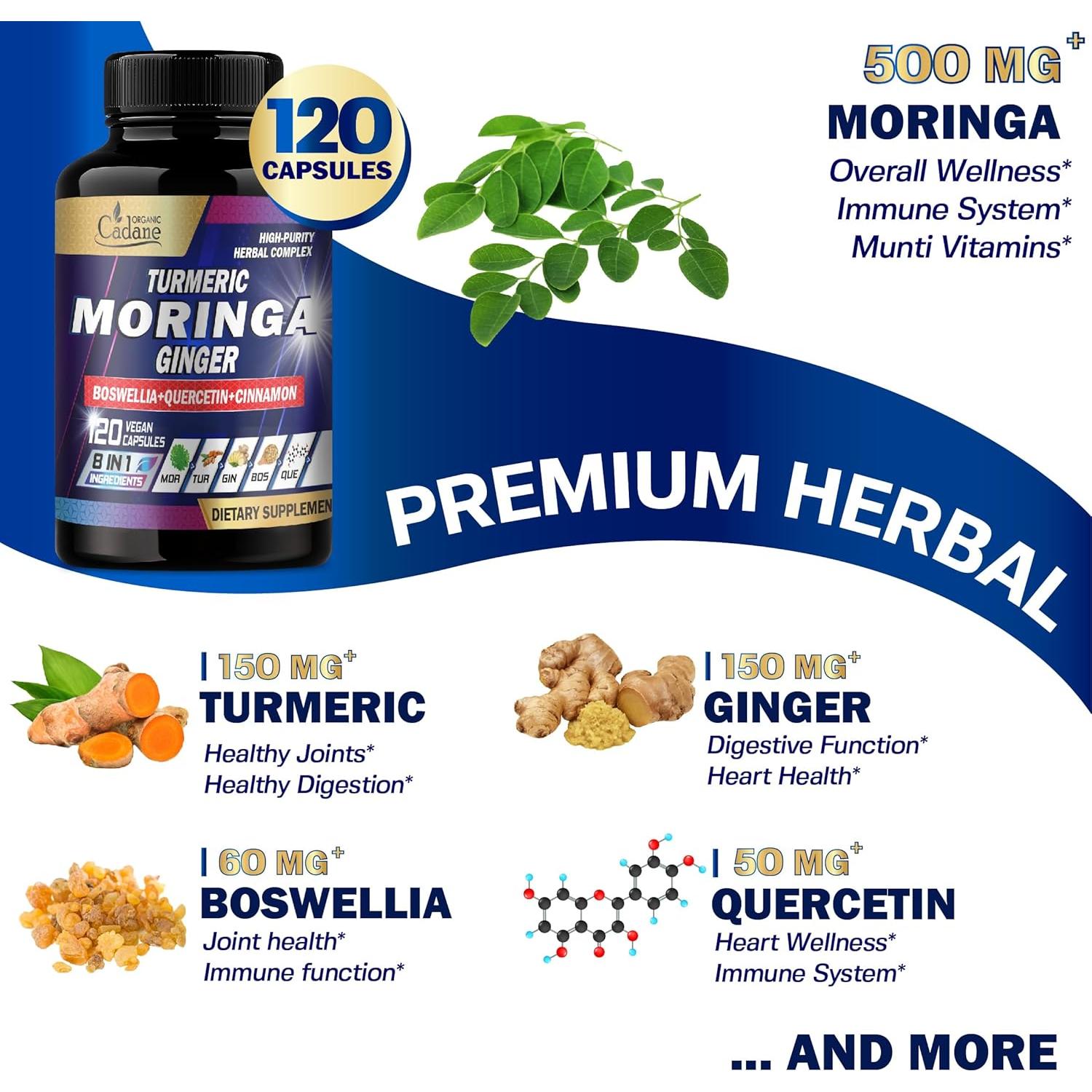 Cápsulas de Moringa Cadane 120 Unidades - Suplemento 8 en 1