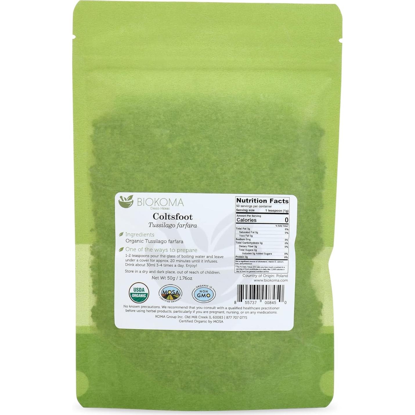 Hojas Secas de Coltsfoot Biokoma 50g Orgánico Certificado USDA