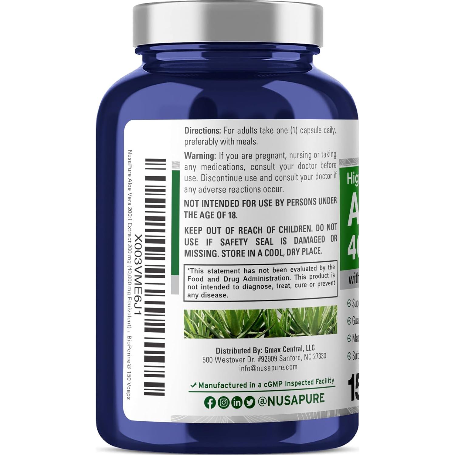 Suplemento de Aloe Vera NusaPure 40,000mg 150 Cápsulas Veganas