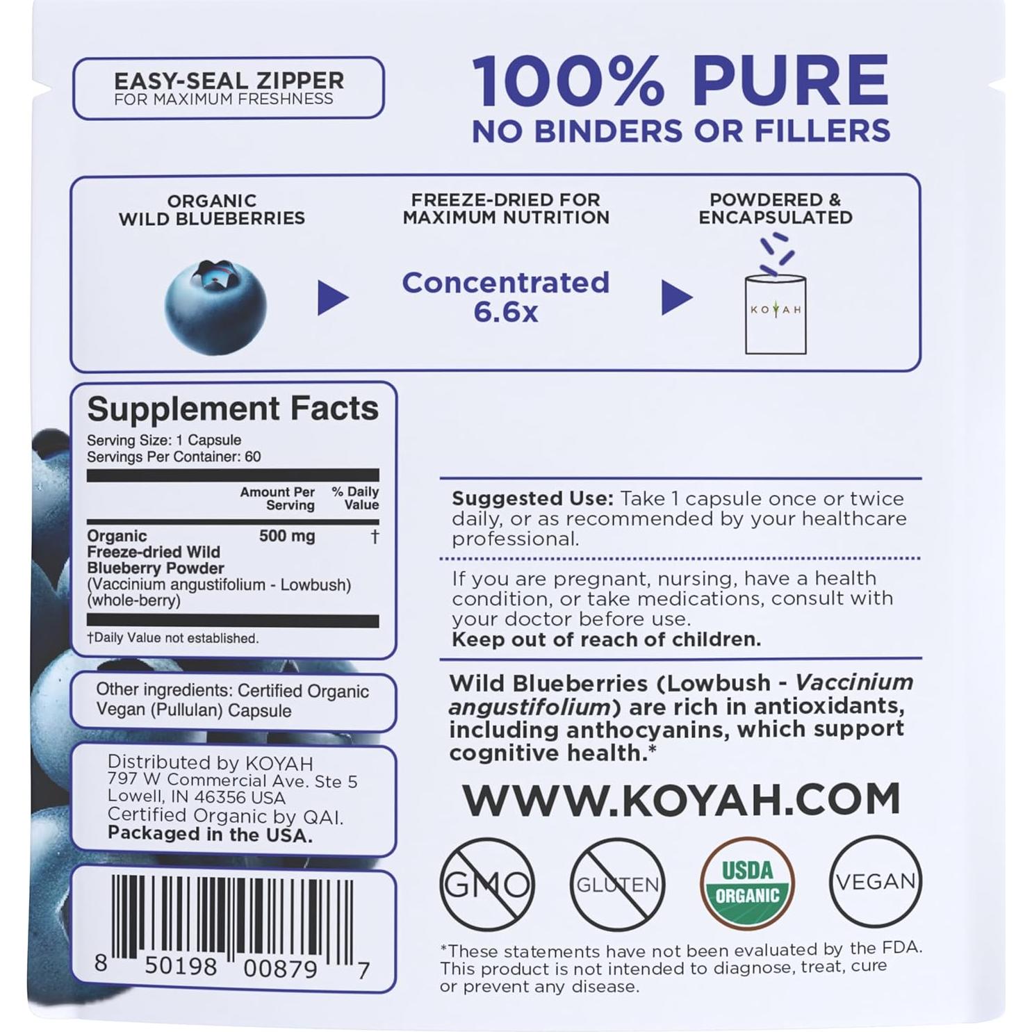 Cápsulas de Arándano Silvestre Orgánico KOYAH - 60 Unidades