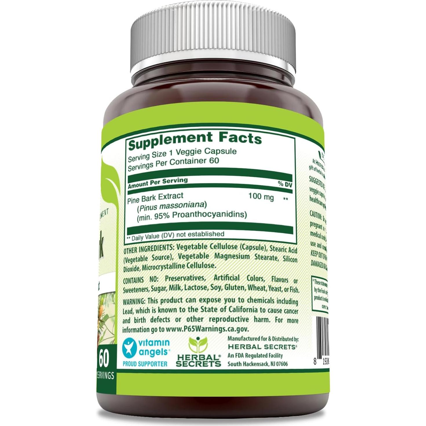 Suplemento Herbal Secrets Extracto de Corteza de Pino 100 mg - 60 Cápsulas