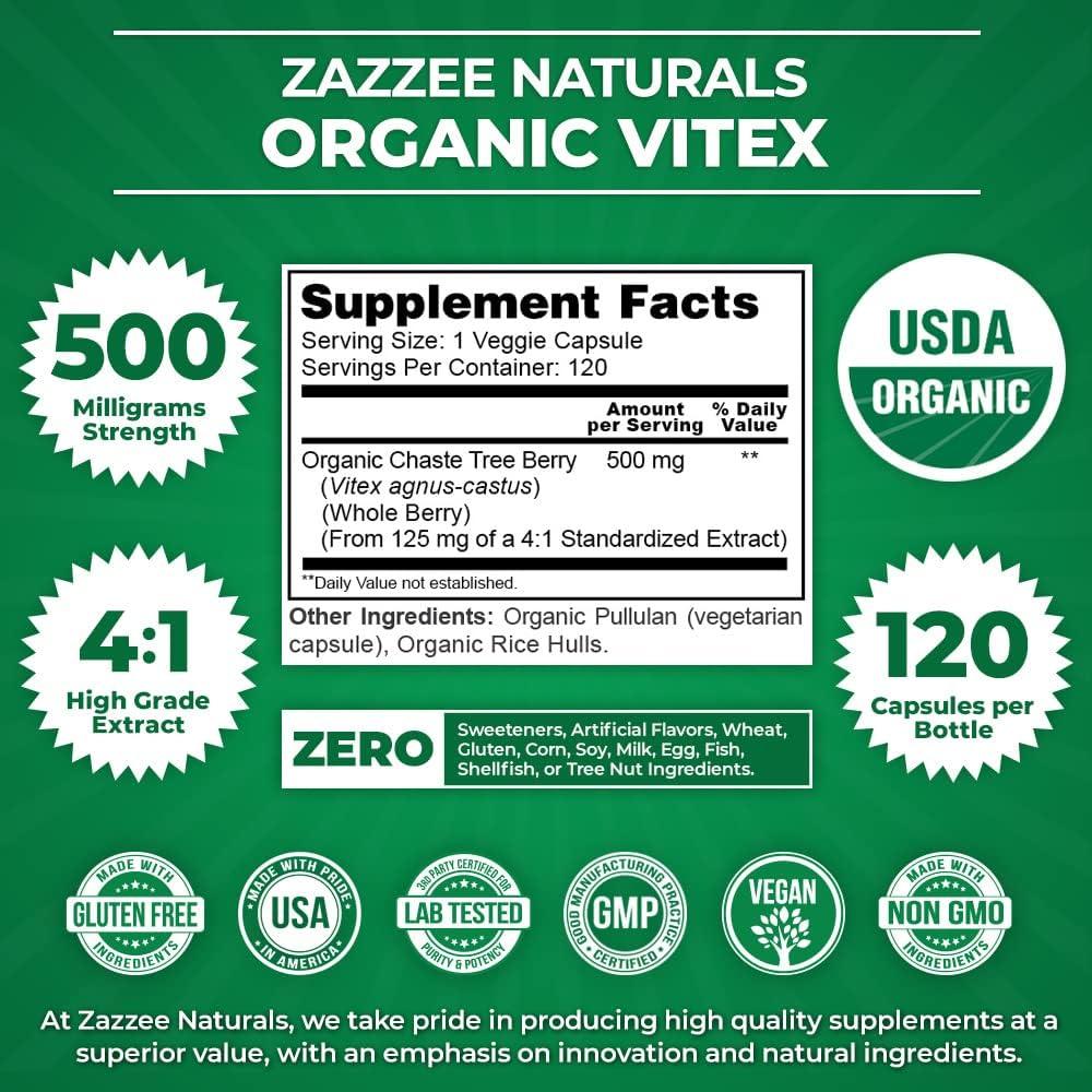 Vitex Orgánico Zazzee 500 mg - 120 Cápsulas Veganas
