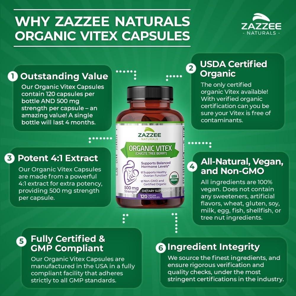 Vitex Orgánico Zazzee 500 mg - 120 Cápsulas Veganas