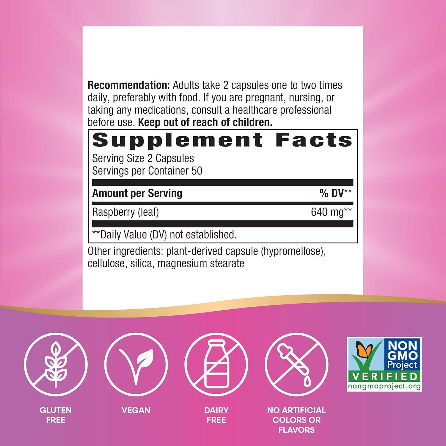 Suplemento de Hoja de Frambuesa Nature's Way 100 Cápsulas Vegano