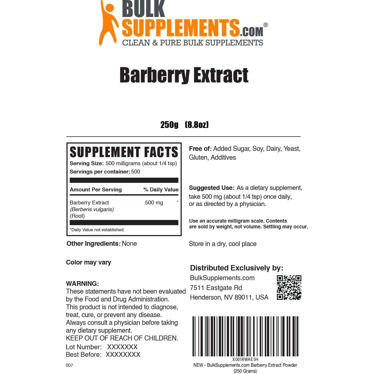 Polvo de Extracto de Agracejo BulkSupplements 250g - Suplemento Herbal