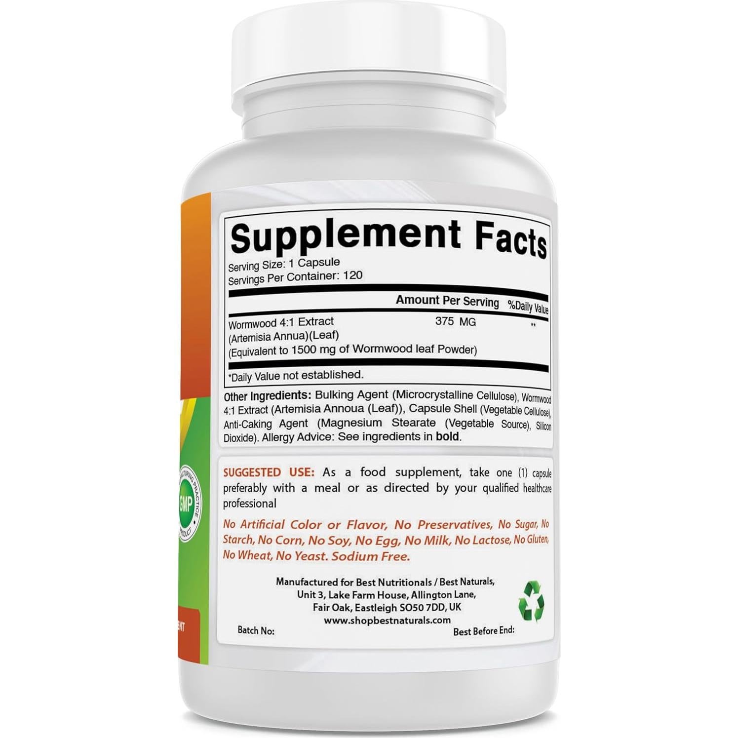 Extracto de Ajenjo Best Naturals 1500 mg - 120 Cápsulas Sin Gluten