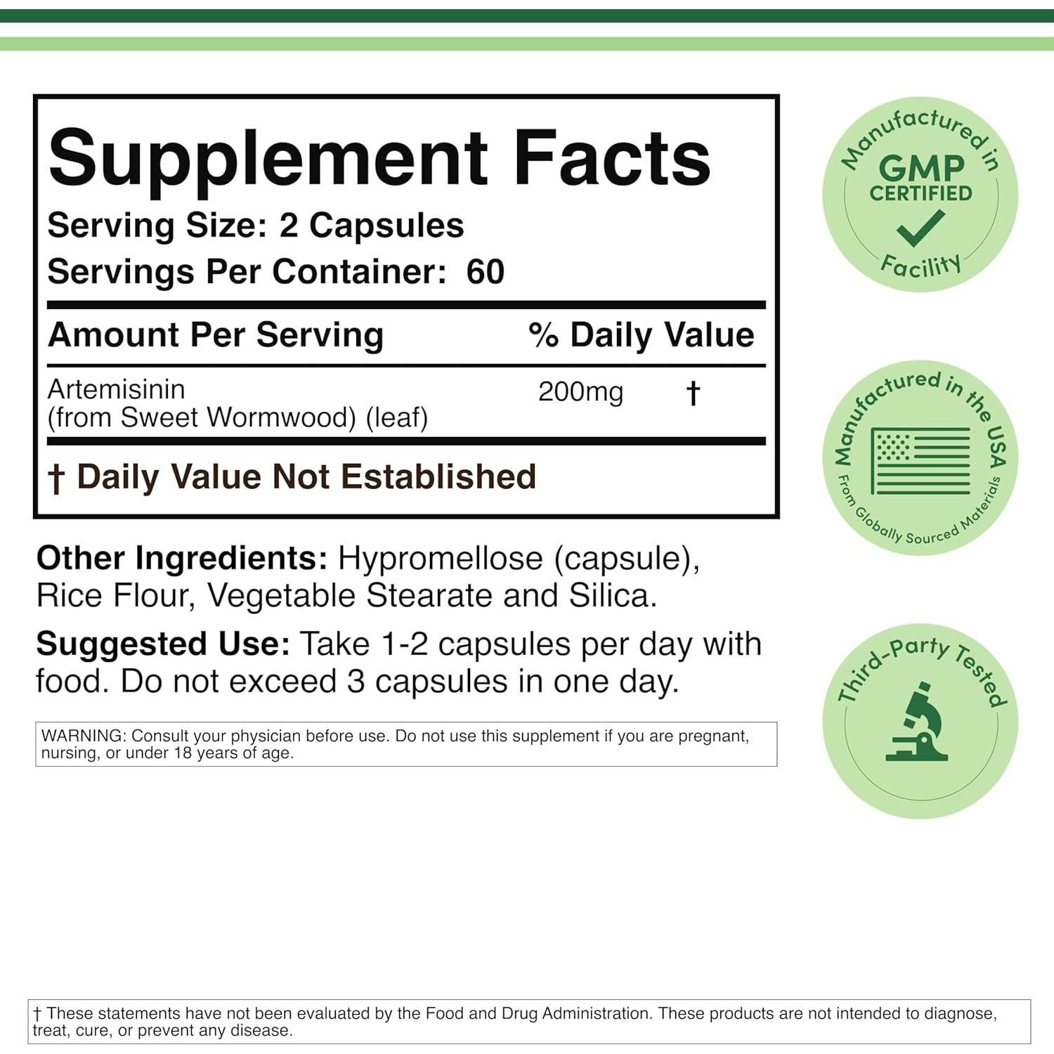 Artemisinina 200mg Double Wood - 120 Cápsulas Veganas