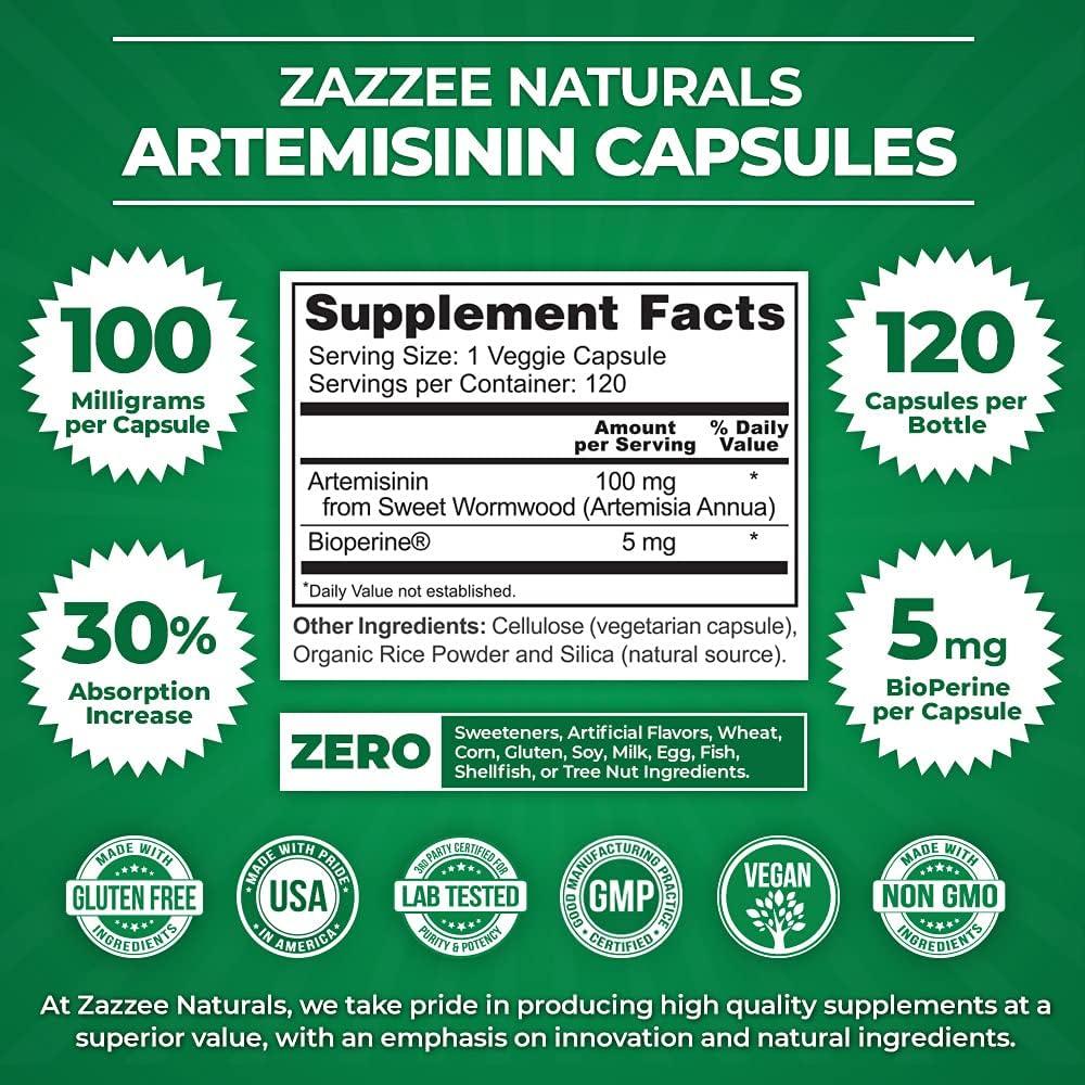 Zazzee Artemisinina 100 mg 120 Cápsulas Veganas con BioPerine