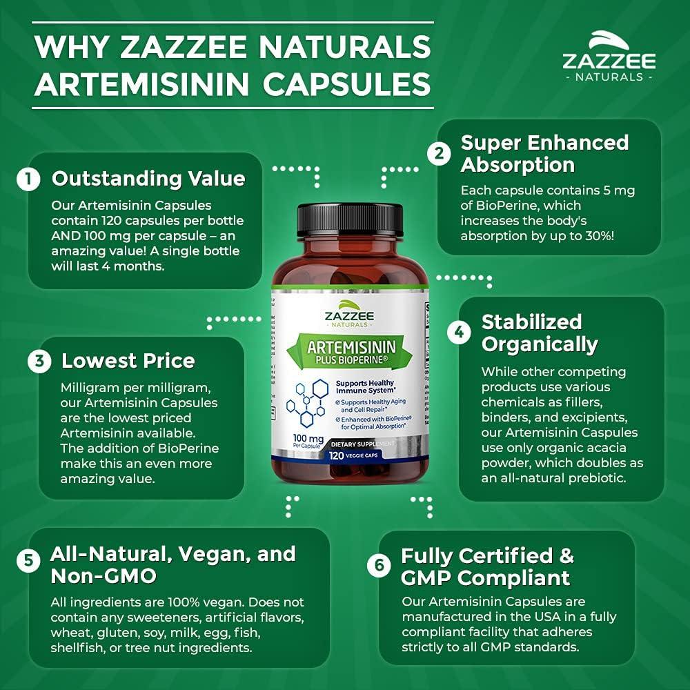 Zazzee Artemisinina 100 mg 120 Cápsulas Veganas con BioPerine