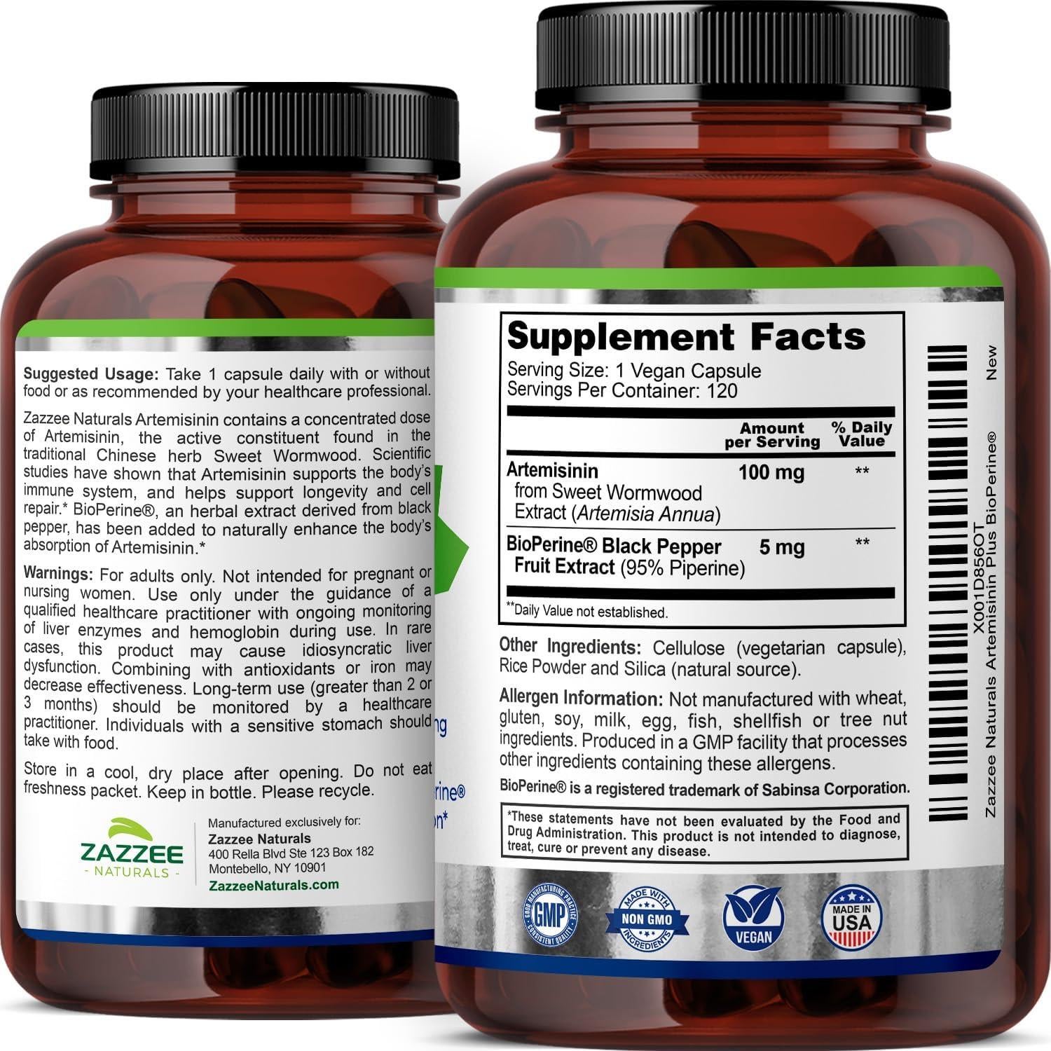 Zazzee Artemisinina 100 mg 120 Cápsulas Veganas con BioPerine