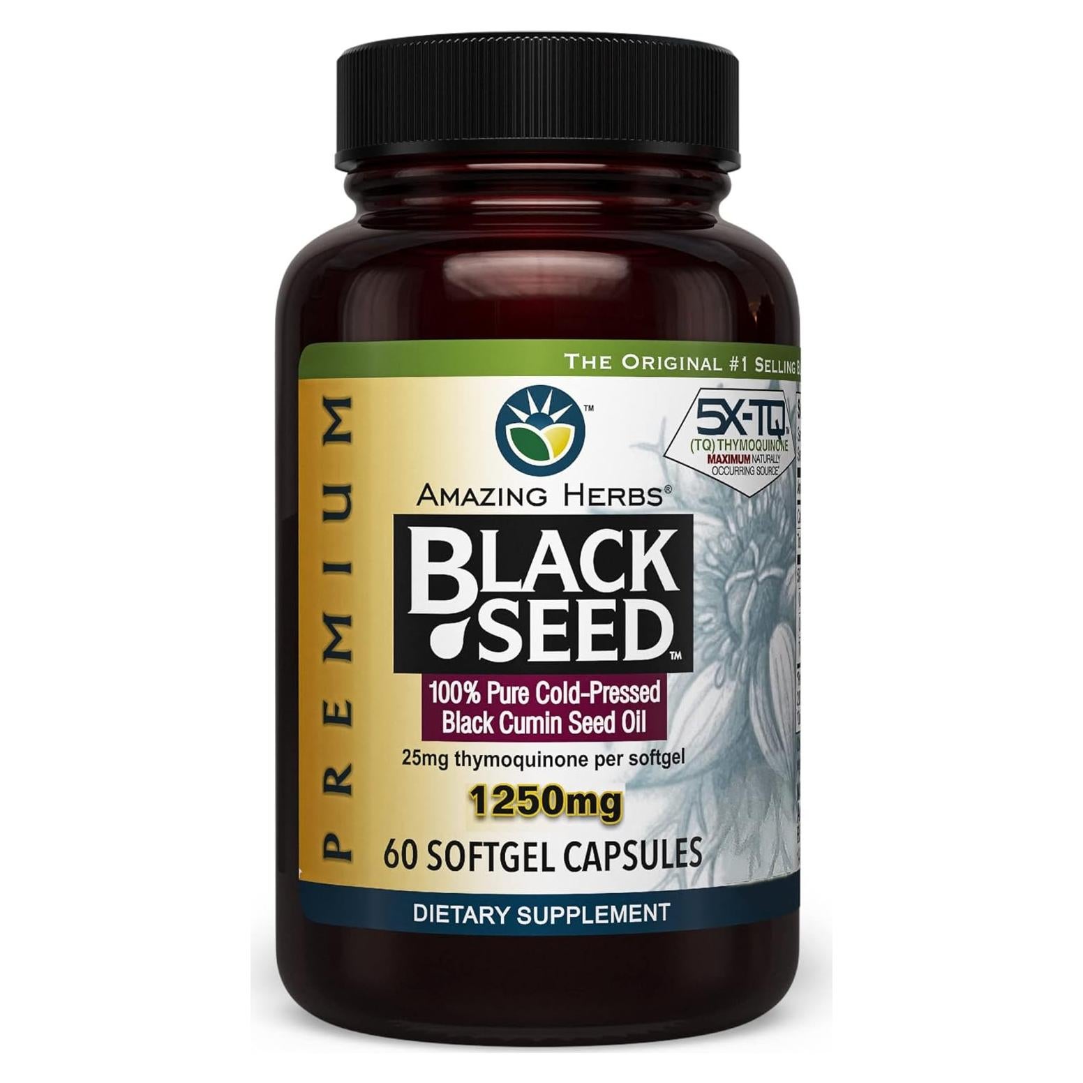 Cápsulas de Aceite de Semilla Negra Amazing Herbs 1250mg - 60 Unidades