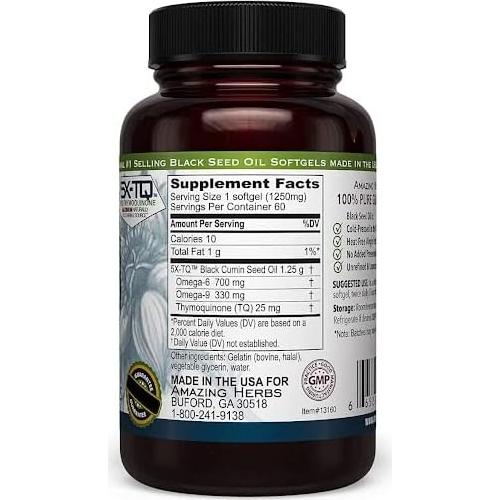 Cápsulas de Aceite de Semilla Negra Amazing Herbs 1250mg - 60 Unidades