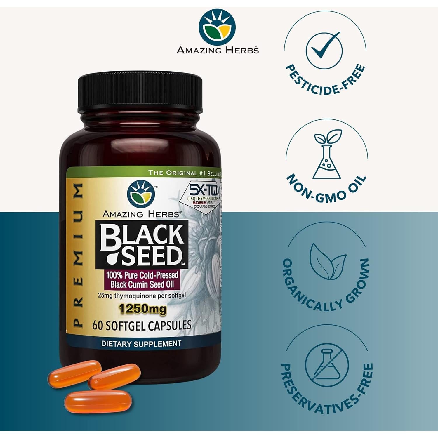 Cápsulas de Aceite de Semilla Negra Amazing Herbs 1250mg - 60 Unidades