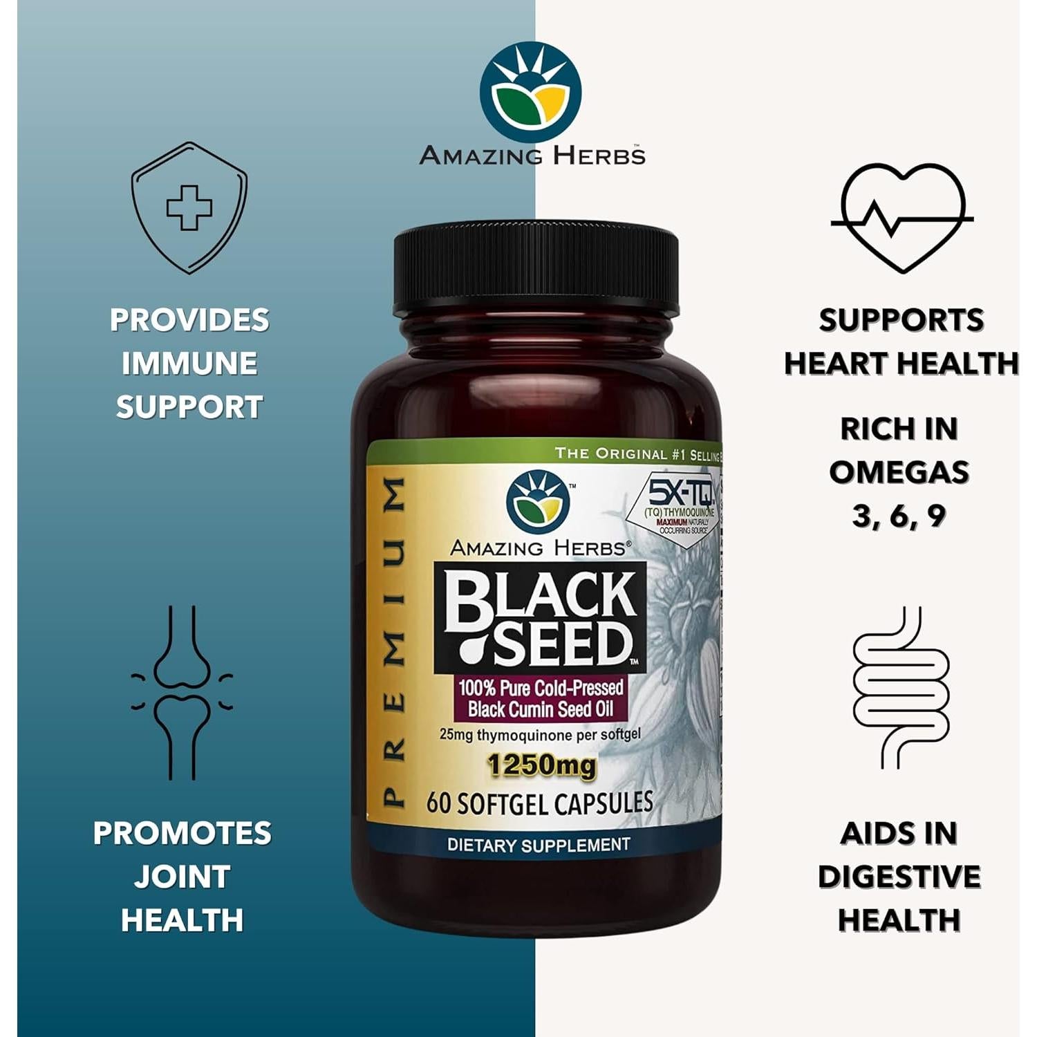 Cápsulas de Aceite de Semilla Negra Amazing Herbs 1250mg - 60 Unidades