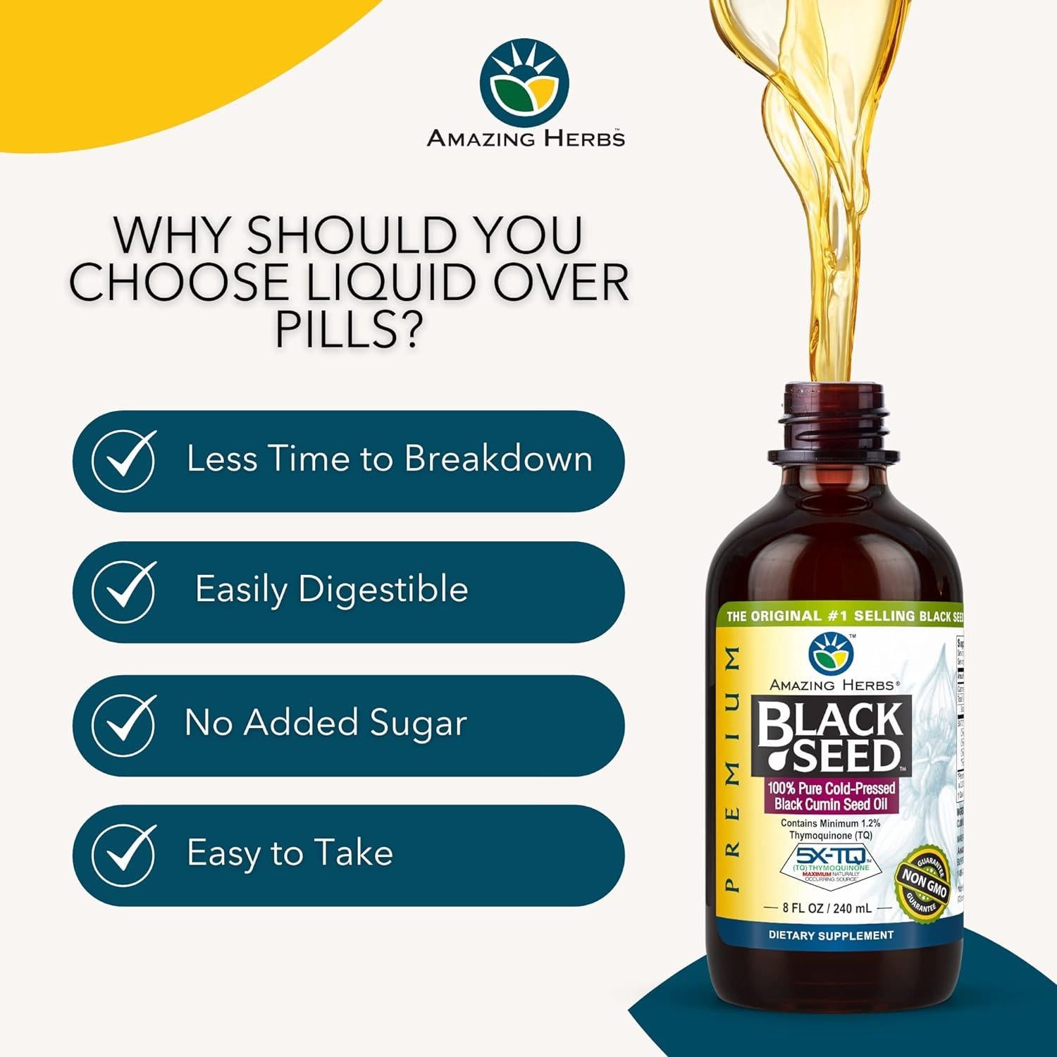 Aceite de Semilla Negra Amazing Herbs 236.6 ml - Salud Digestiva y Inmunológica