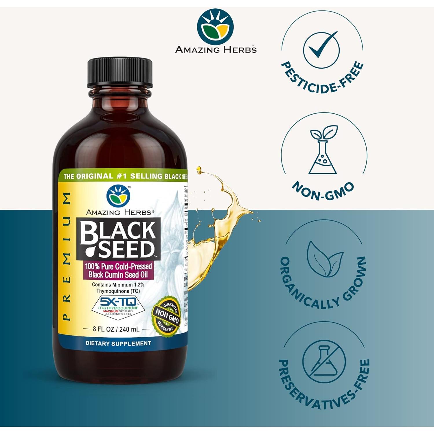 Aceite de Semilla Negra Amazing Herbs 236.6 ml - Salud Digestiva y Inmunológica