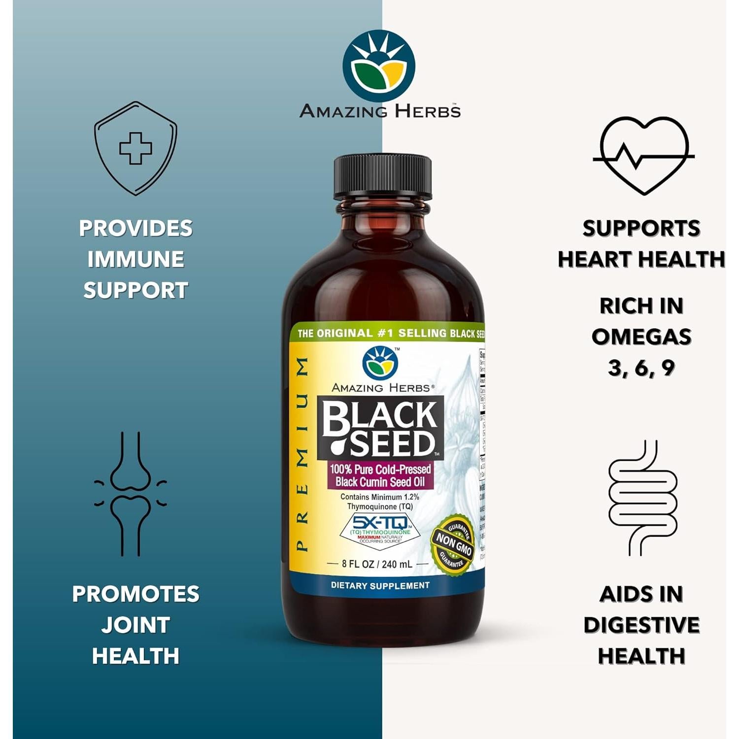 Aceite de Semilla Negra Amazing Herbs 236.6 ml - Salud Digestiva y Inmunológica