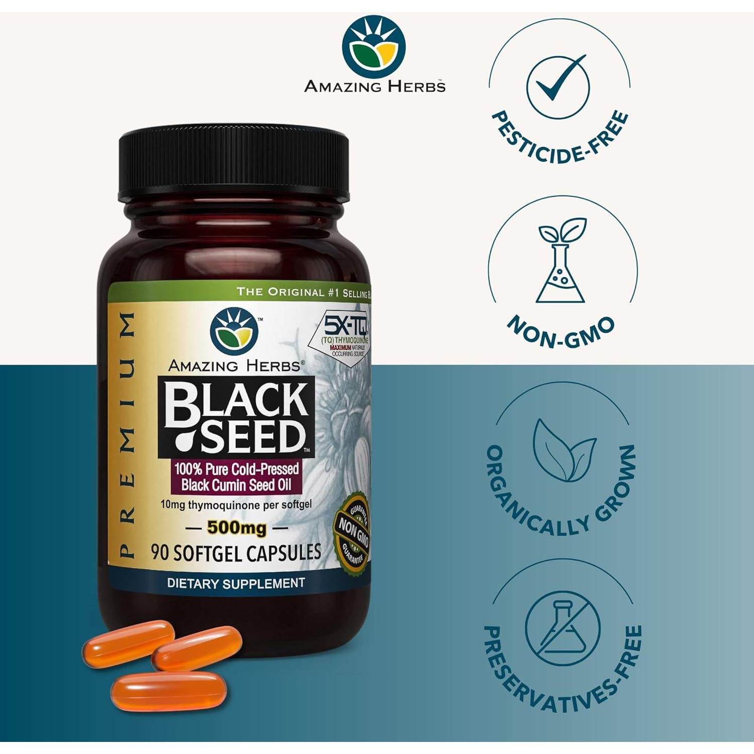 Cápsulas de Aceite de Semilla Negra Amazing Herbs 500mg - 90 Unidades