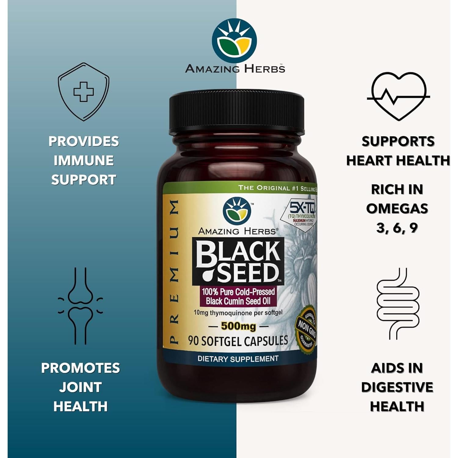 Cápsulas de Aceite de Semilla Negra Amazing Herbs 500mg - 90 Unidades